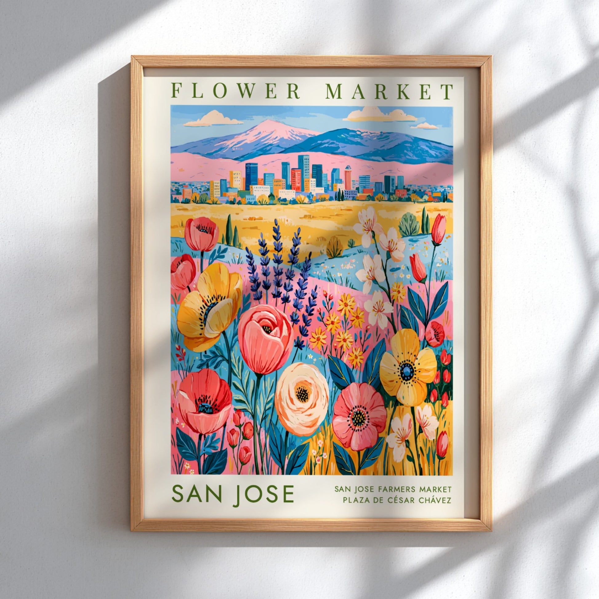 Flower market poster featuring vibrant blooms and a cityscape in colorful style