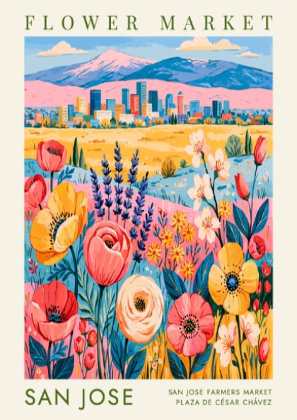 Flower market poster featuring vibrant blooms and a cityscape in colorful style