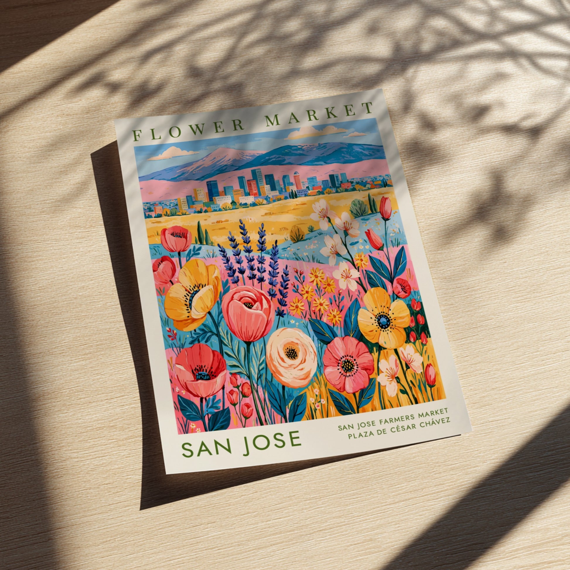 Flower market poster featuring vibrant blooms and a cityscape in colorful style