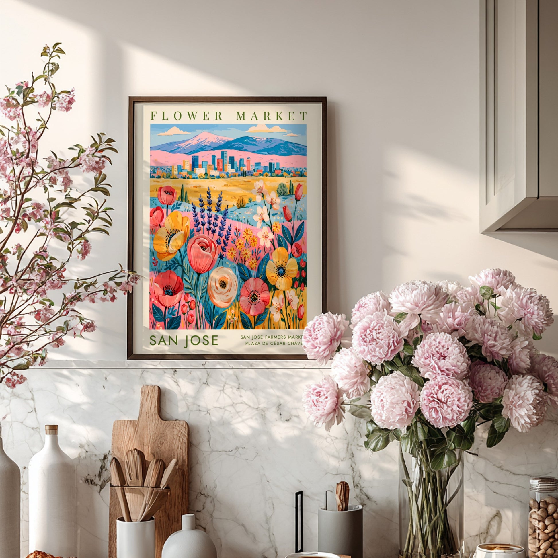 Flower market poster featuring vibrant blooms and a cityscape in colorful style