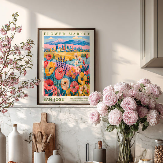 Flower market poster featuring vibrant blooms and a cityscape in colorful style