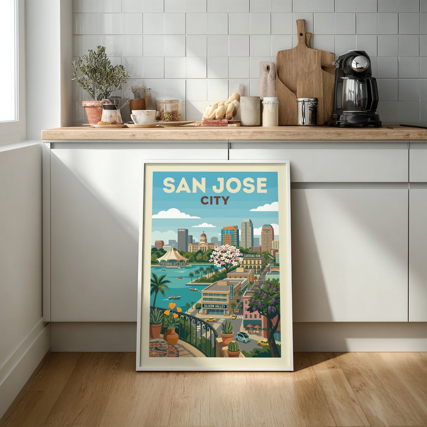 Retro illustration of the San Jose city skyline with bay, buildings, and cherry blossoms.