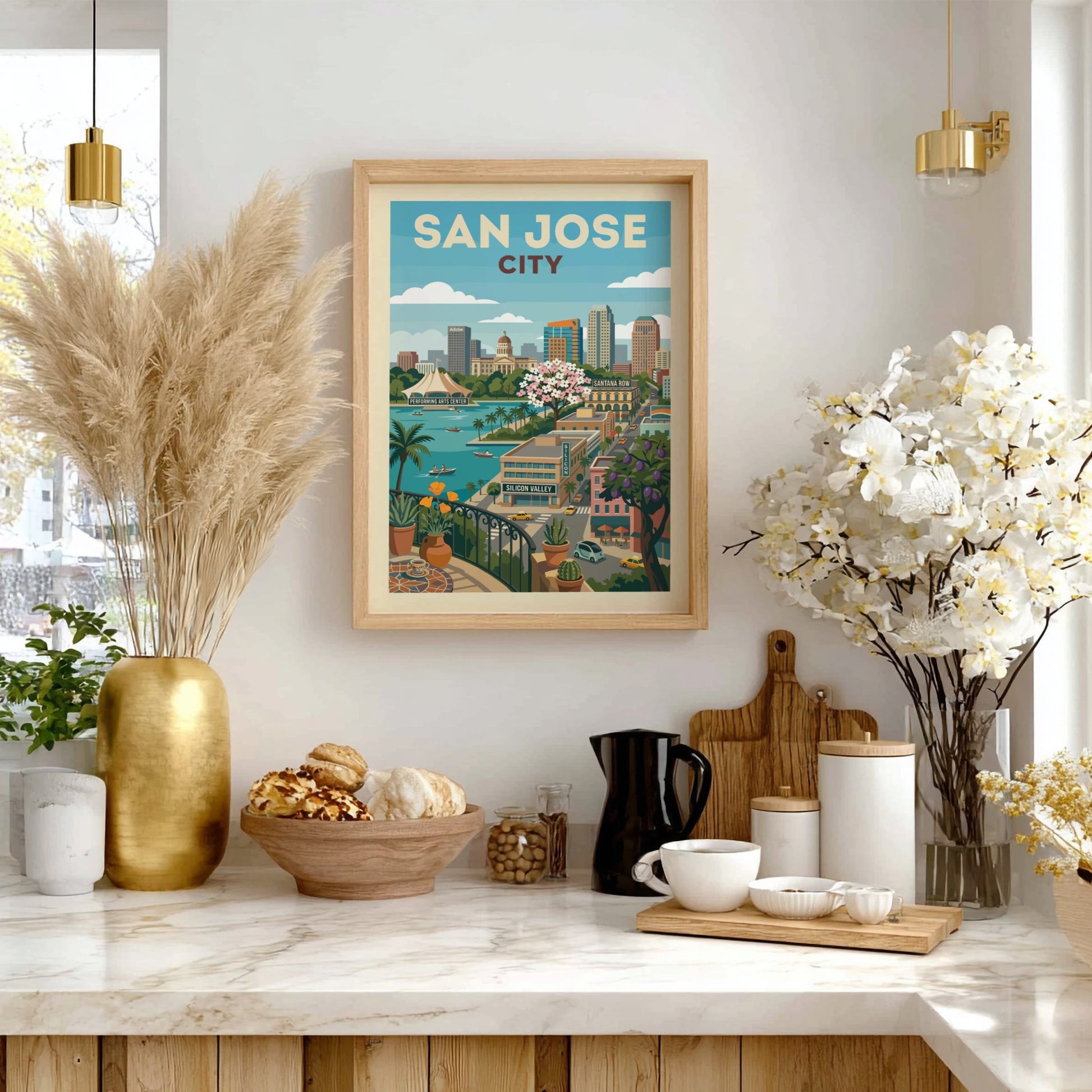 Retro illustration of the San Jose city skyline with bay, buildings, and cherry blossoms.