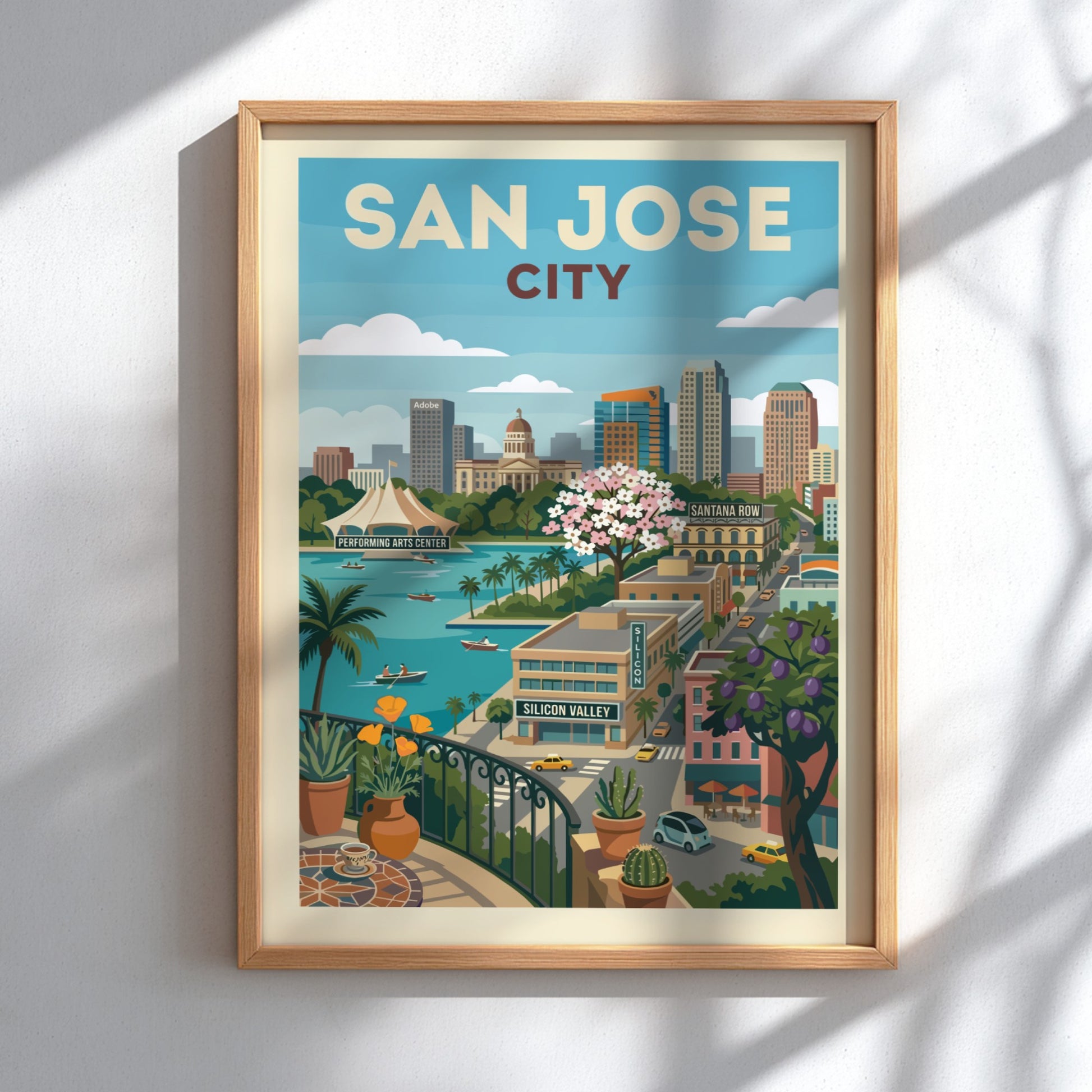 Retro illustration of the San Jose city skyline with bay, buildings, and cherry blossoms.