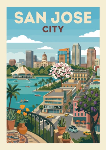 Retro illustration of the San Jose city skyline with bay, buildings, and cherry blossoms.