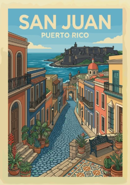 San Juan Puerto Rico travel poster featuring a colorful street scene and historic fort.