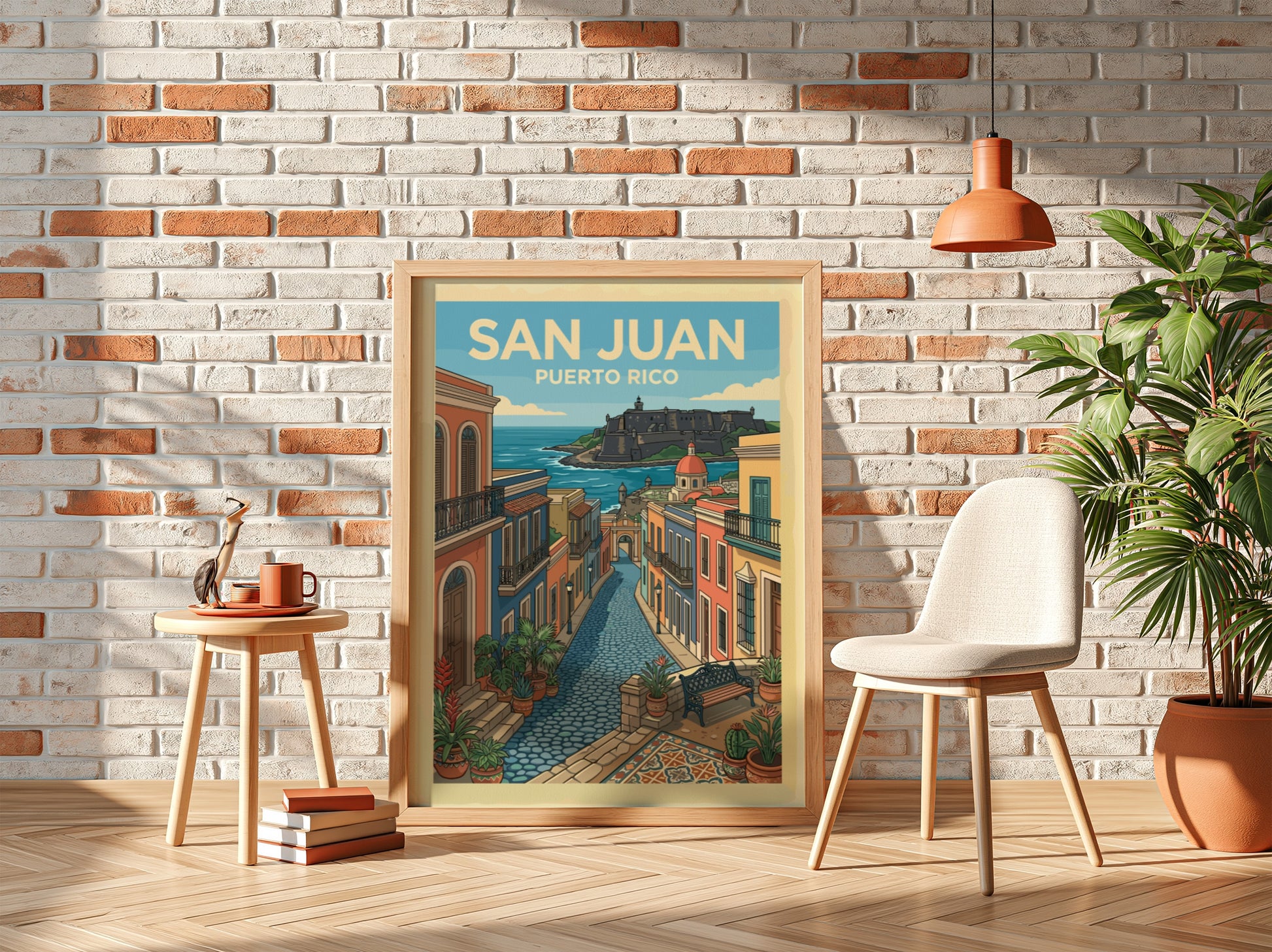 San Juan Puerto Rico travel poster featuring a colorful street scene and historic fort.