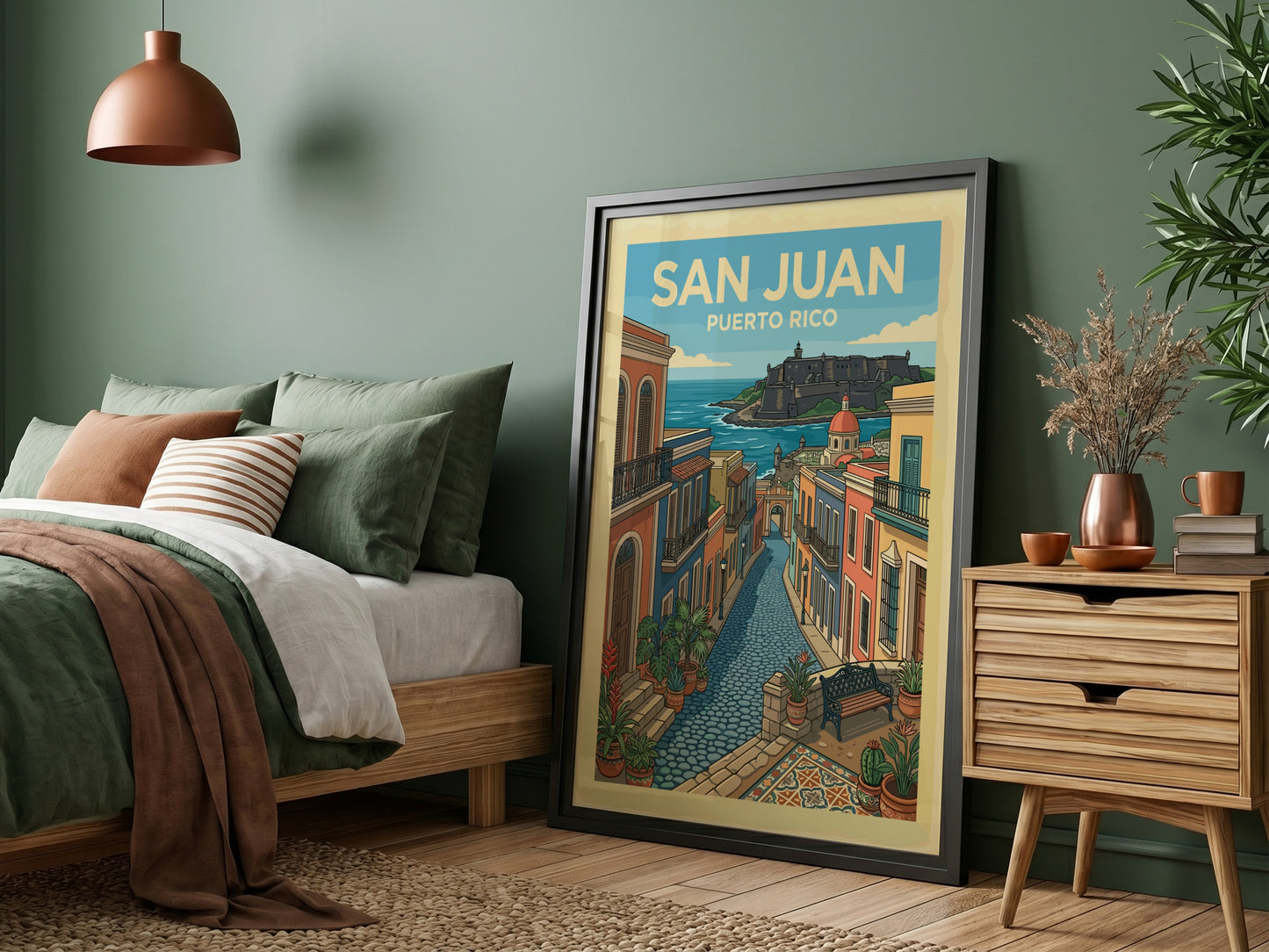 San Juan Puerto Rico travel poster featuring a colorful street scene and historic fort.