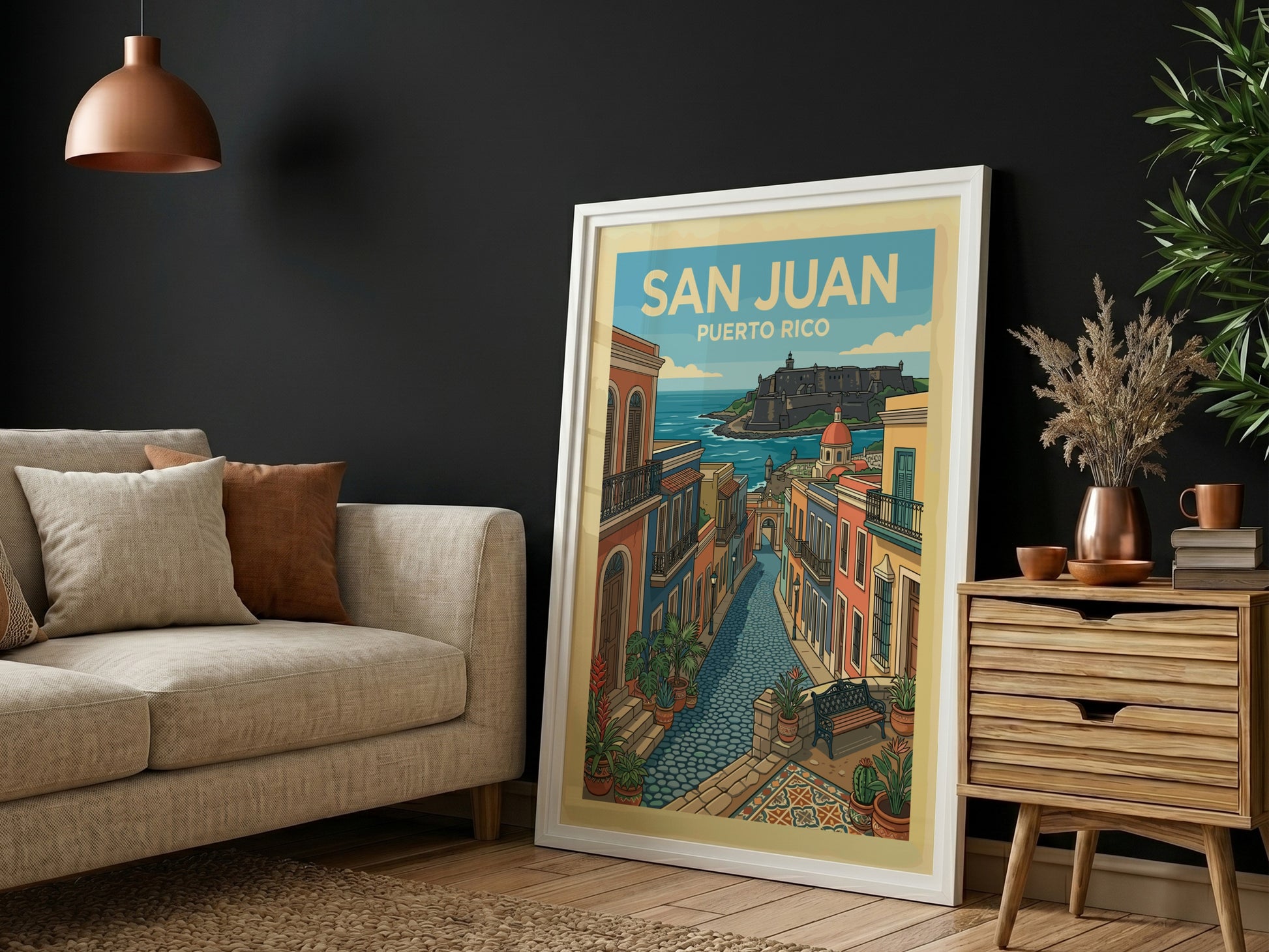 San Juan Puerto Rico travel poster featuring a colorful street scene and historic fort.