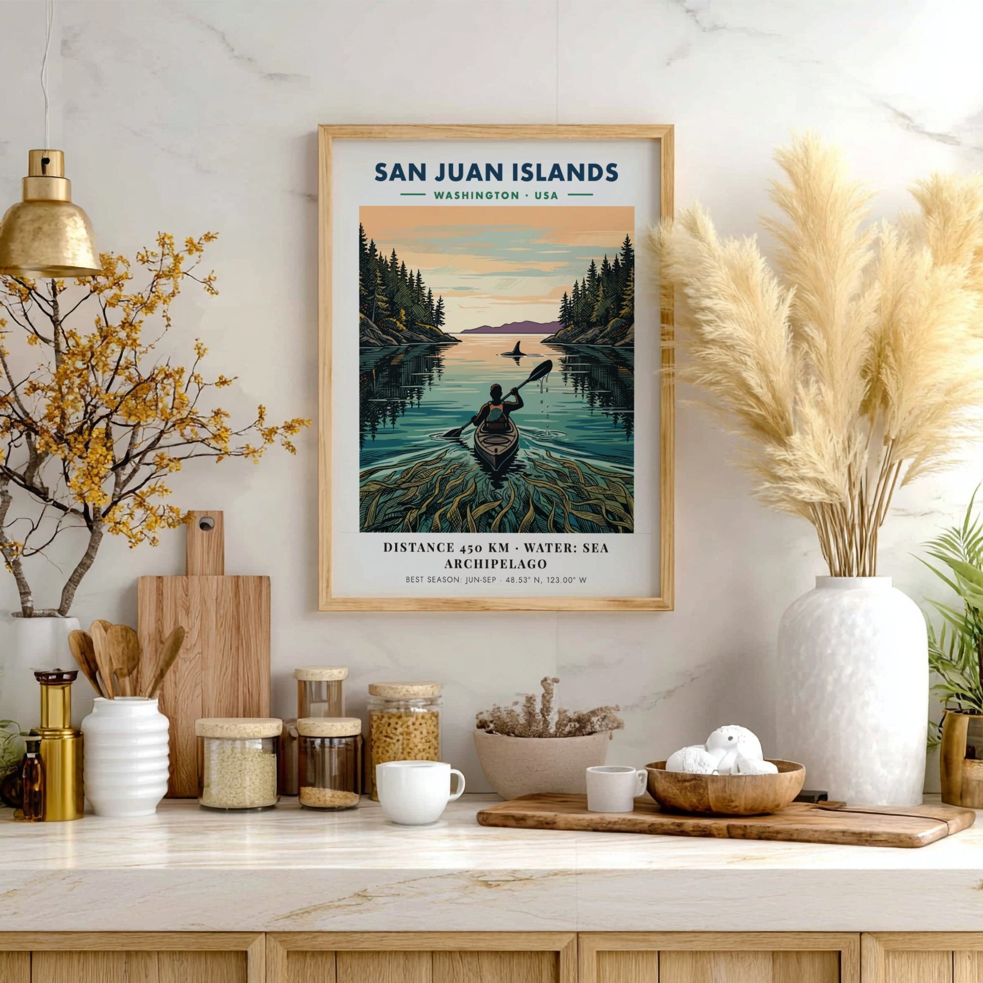 Poster featuring a kayaker in the San Juan Islands with forest and orca.