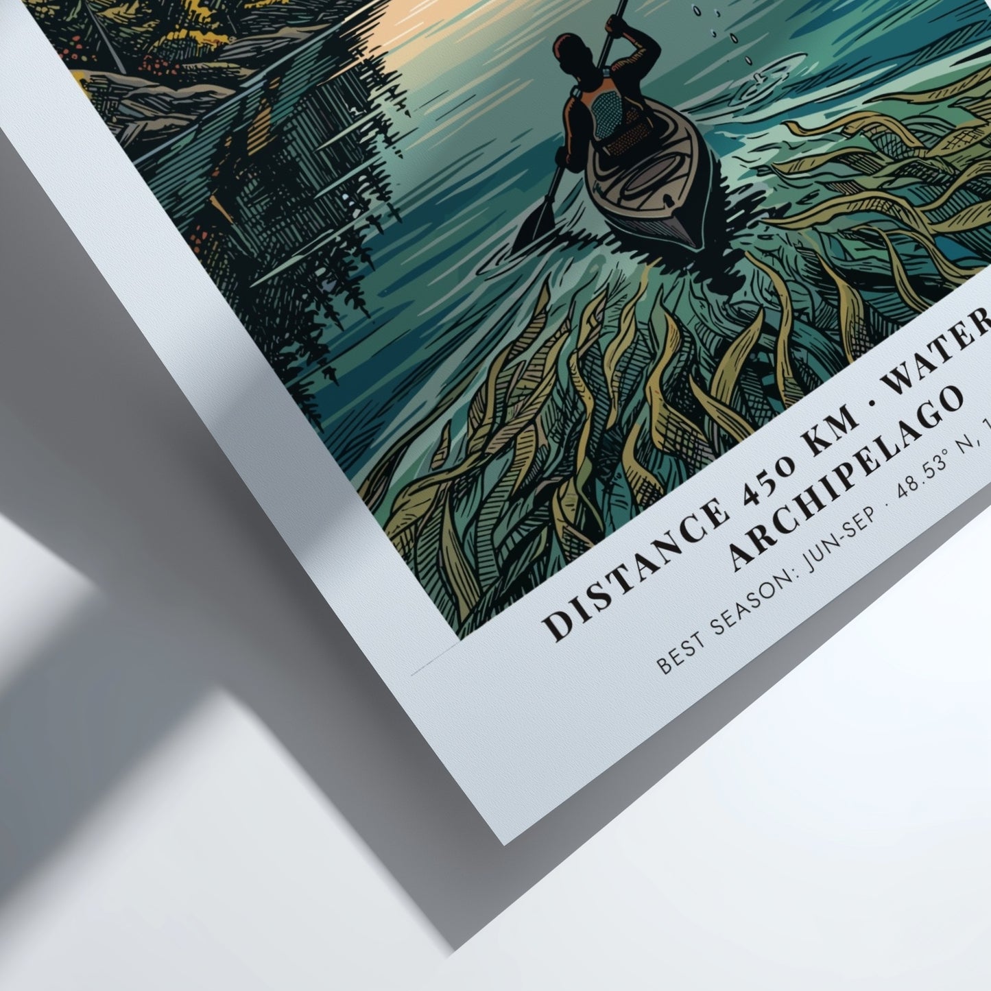 Poster featuring a kayaker in the San Juan Islands with forest and orca.