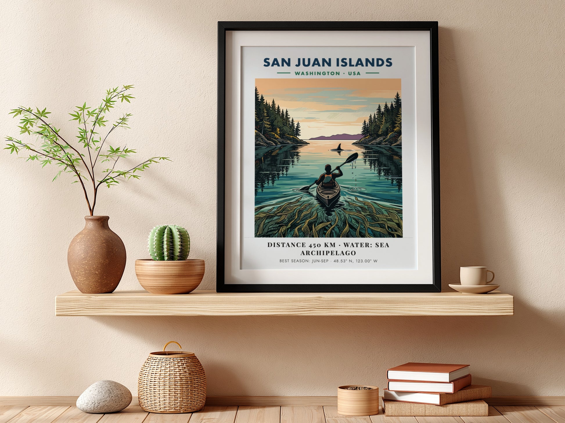 Poster featuring a kayaker in the San Juan Islands with forest and orca.