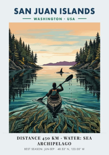 Poster featuring a kayaker in the San Juan Islands with forest and orca.