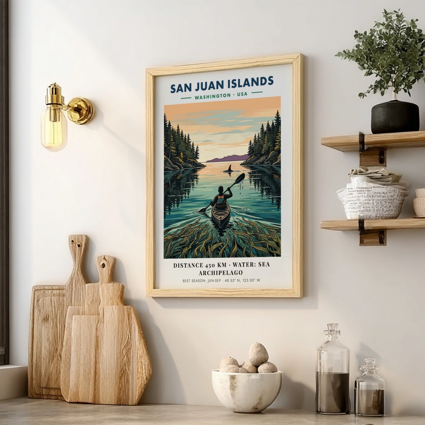 Poster featuring a kayaker in the San Juan Islands with forest and orca.