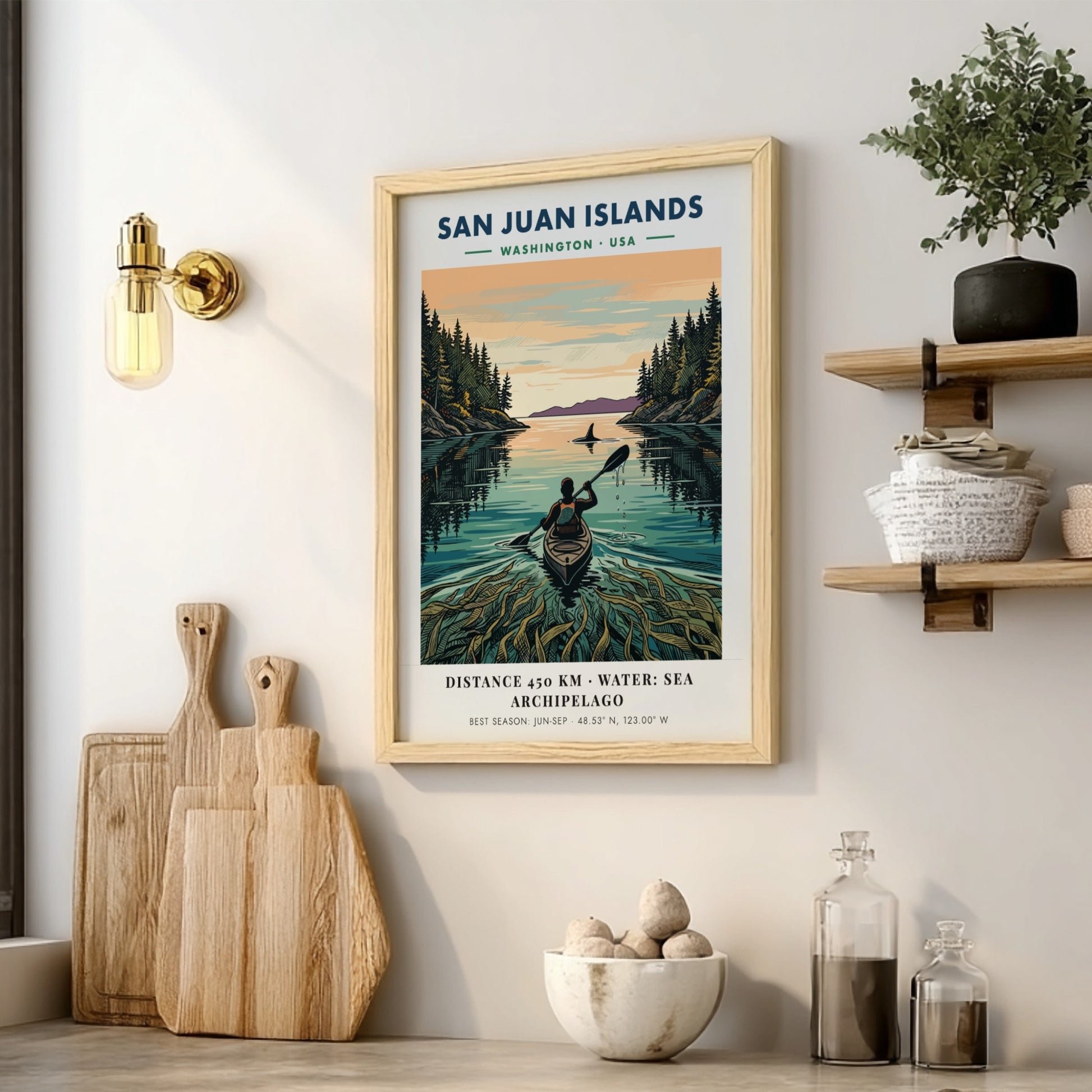 Poster featuring a kayaker in the San Juan Islands with forest and orca.