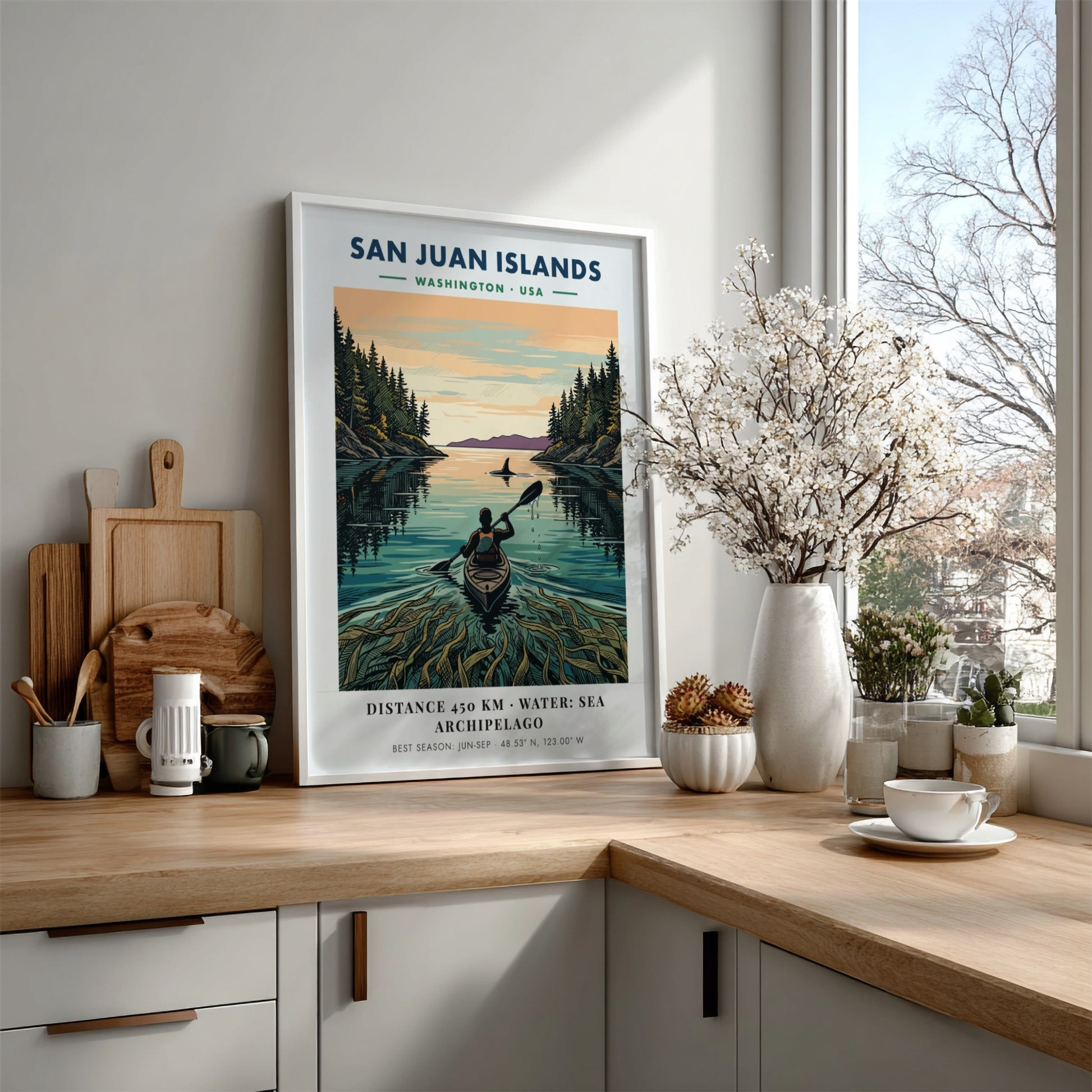 Poster featuring a kayaker in the San Juan Islands with forest and orca.