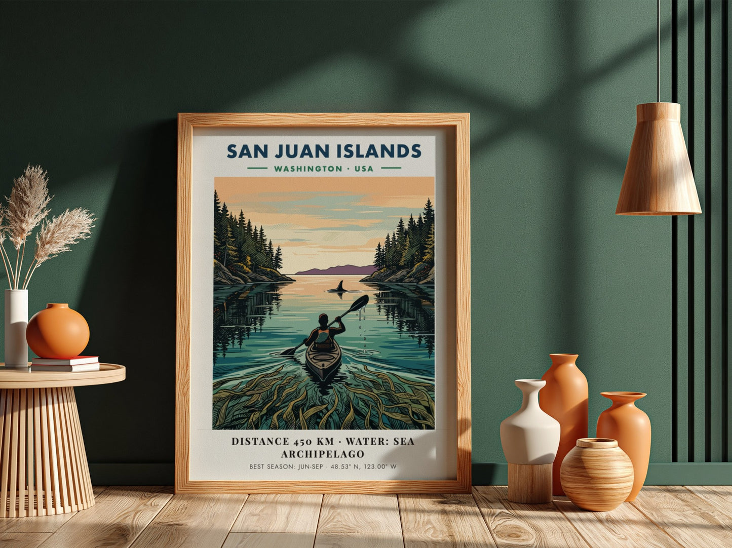 Poster featuring a kayaker in the San Juan Islands with forest and orca.