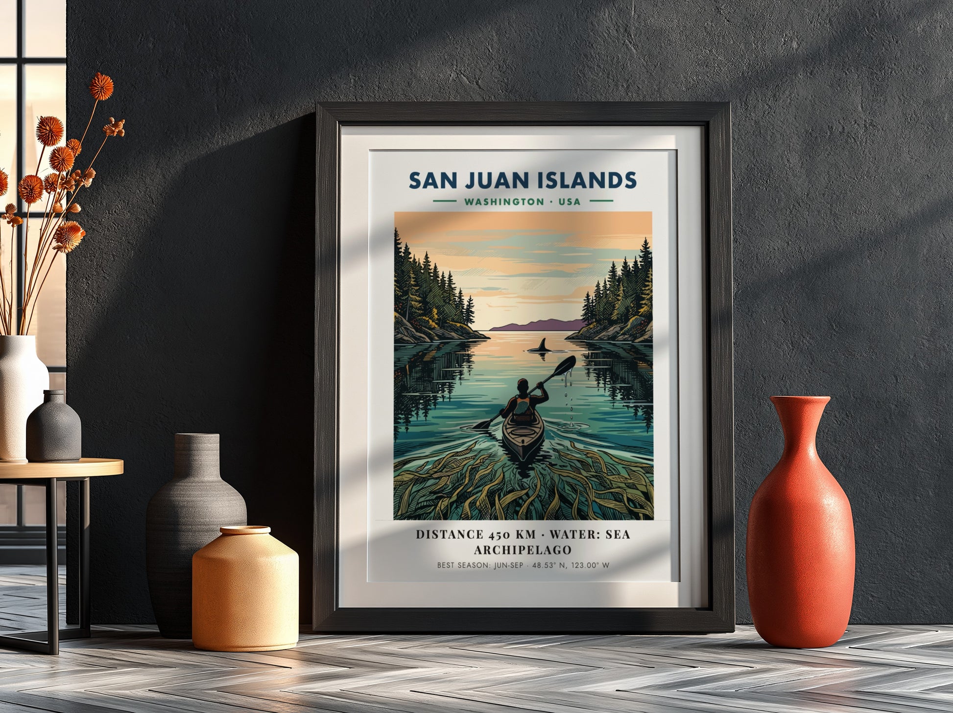 Poster featuring a kayaker in the San Juan Islands with forest and orca.