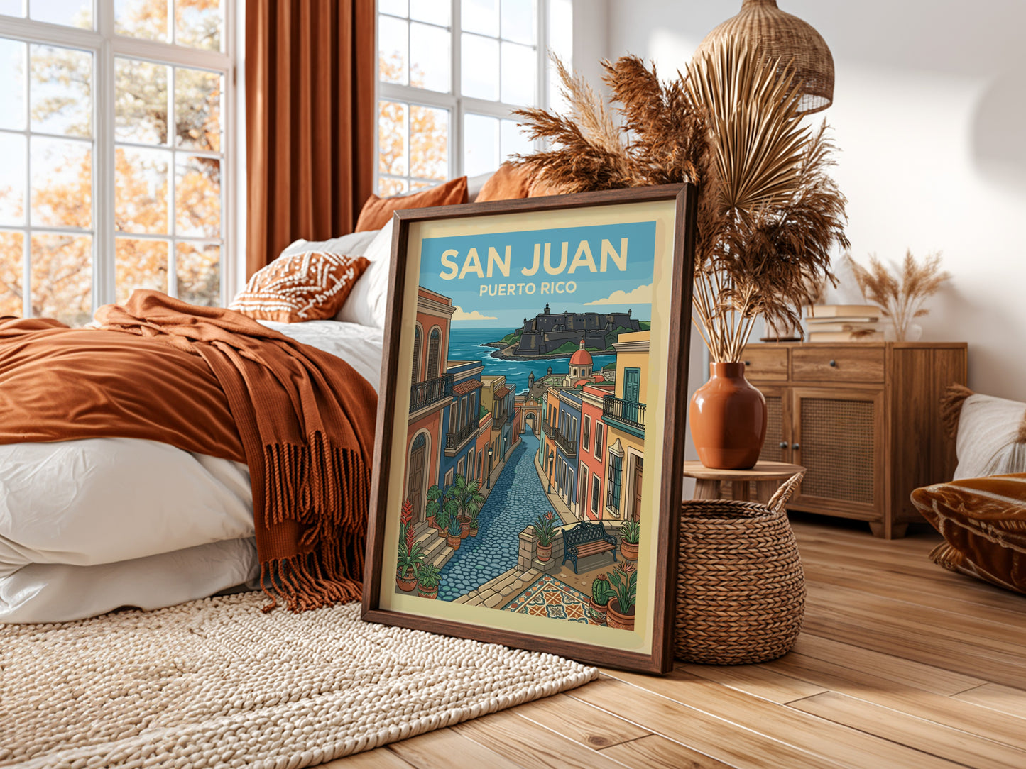 San Juan Puerto Rico travel poster featuring a colorful street scene and historic fort.