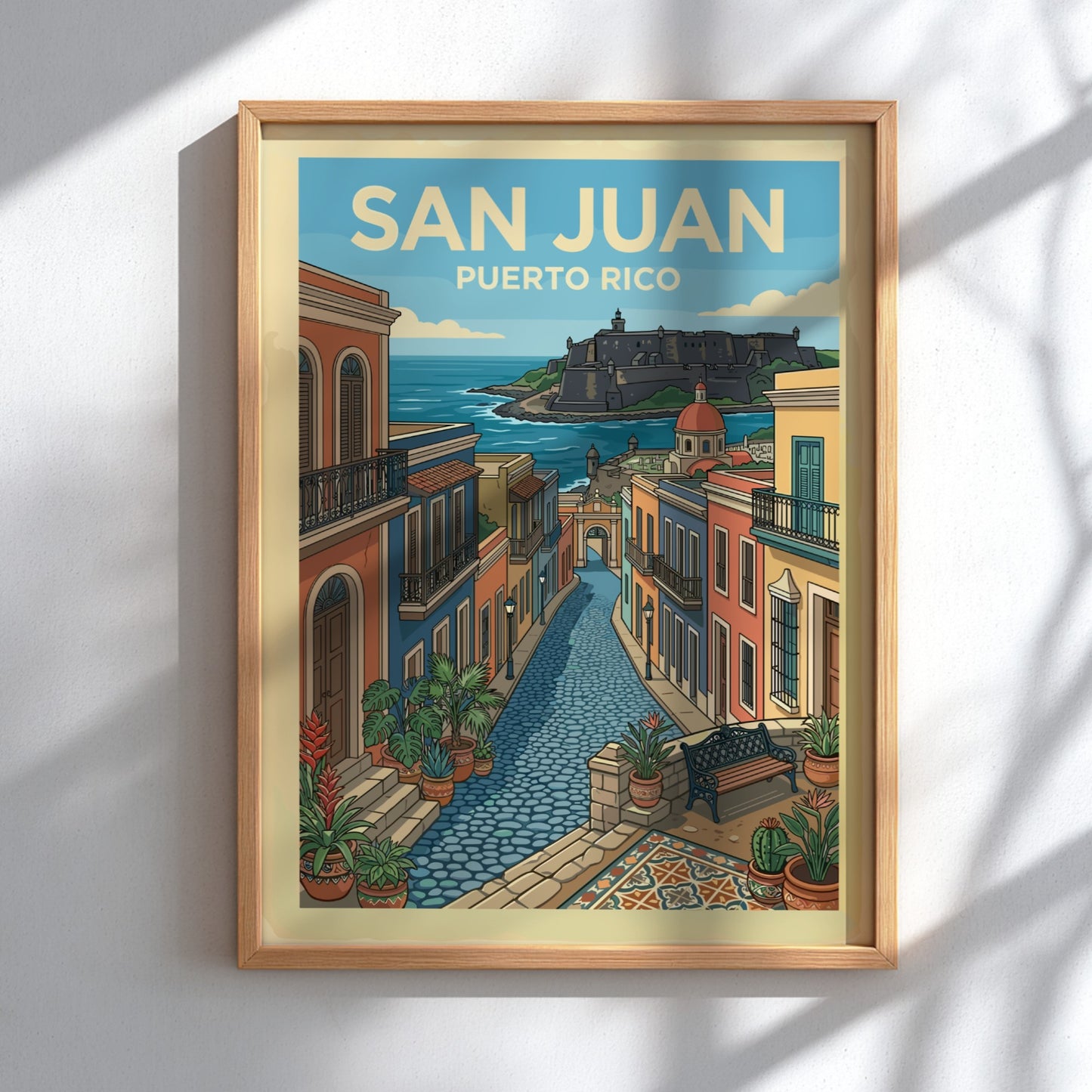 San Juan Puerto Rico travel poster featuring a colorful street scene and historic fort.