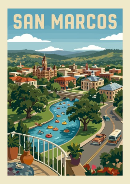 Vintage San Marcos cityscape poster with a river, people tubing, and rolling green hills.