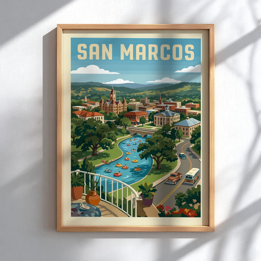 Vintage San Marcos cityscape poster with a river, people tubing, and rolling green hills.