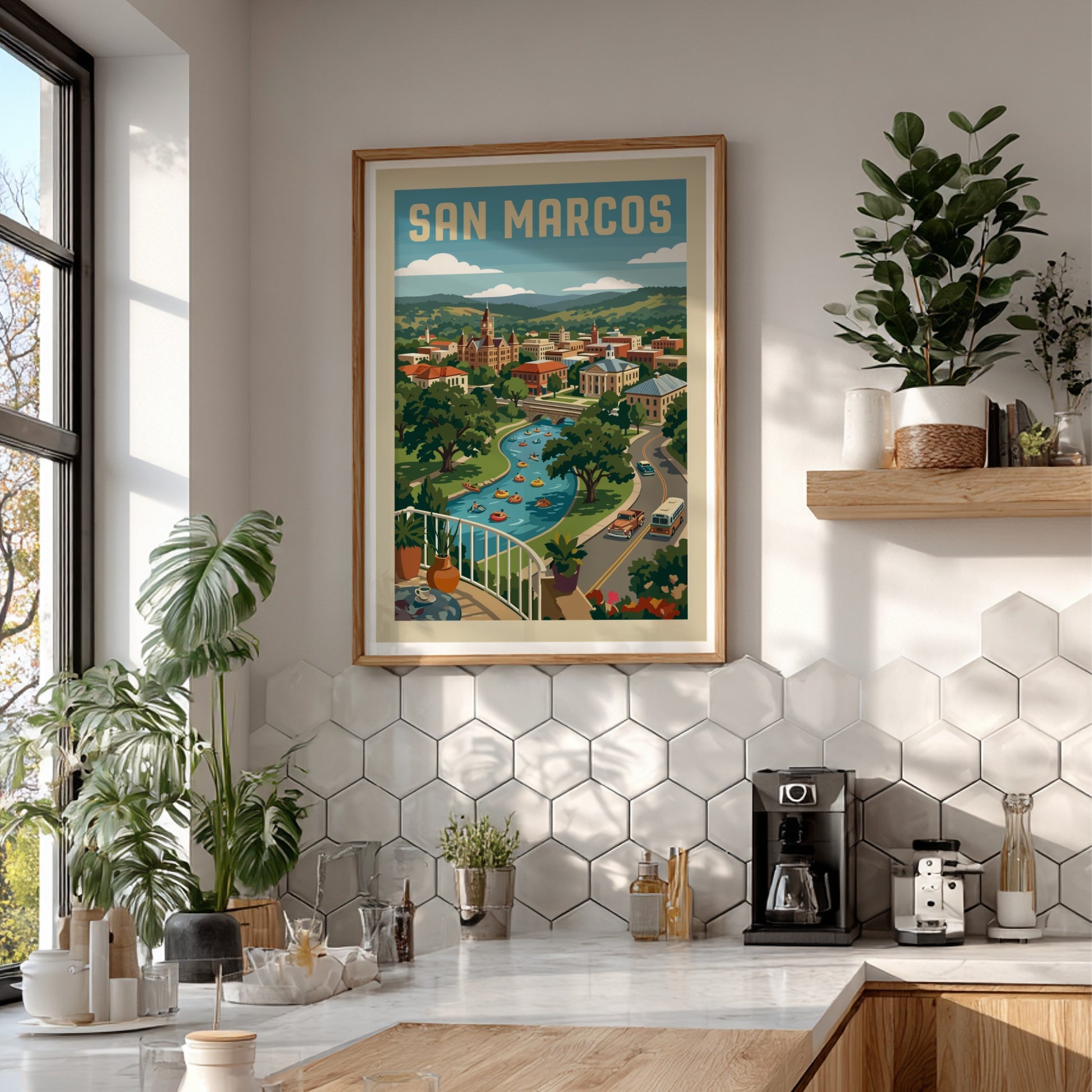 Vintage San Marcos cityscape poster with a river, people tubing, and rolling green hills.