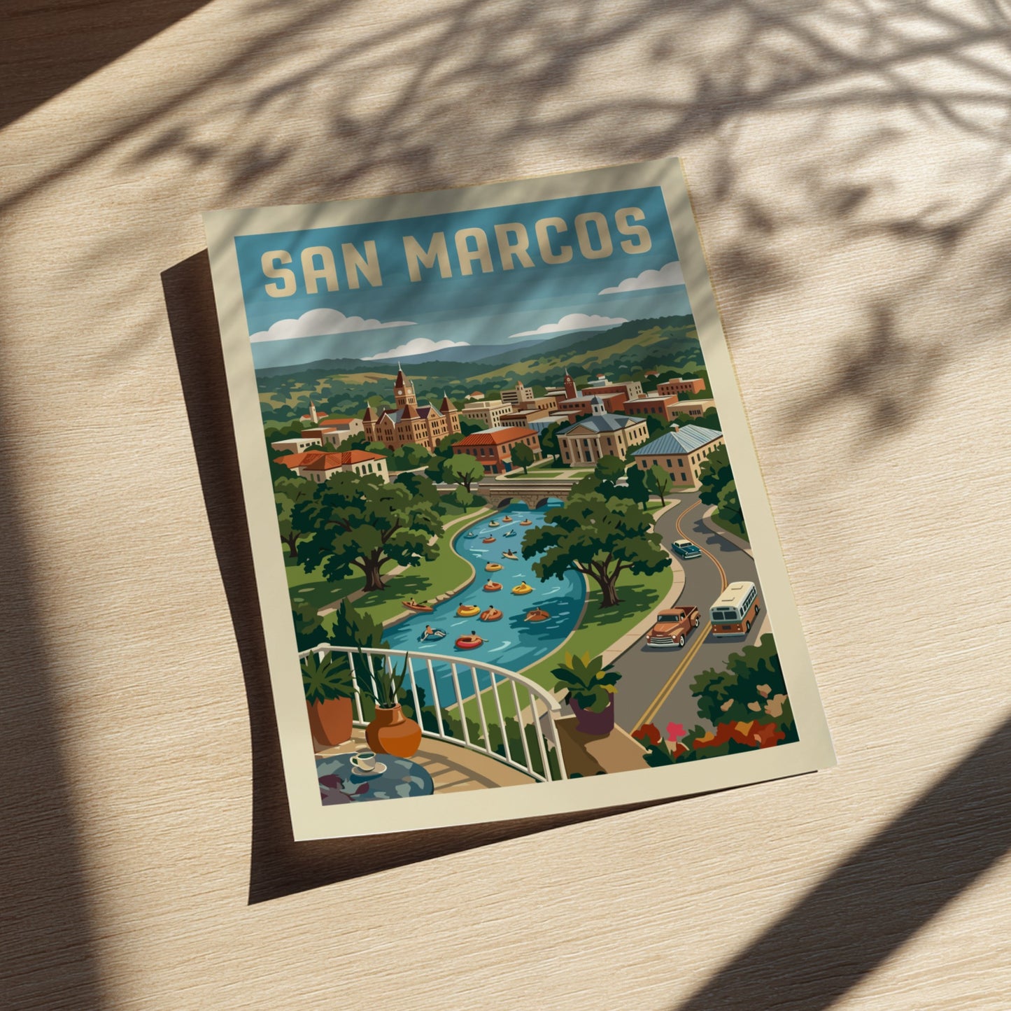 Vintage San Marcos cityscape poster with a river, people tubing, and rolling green hills.