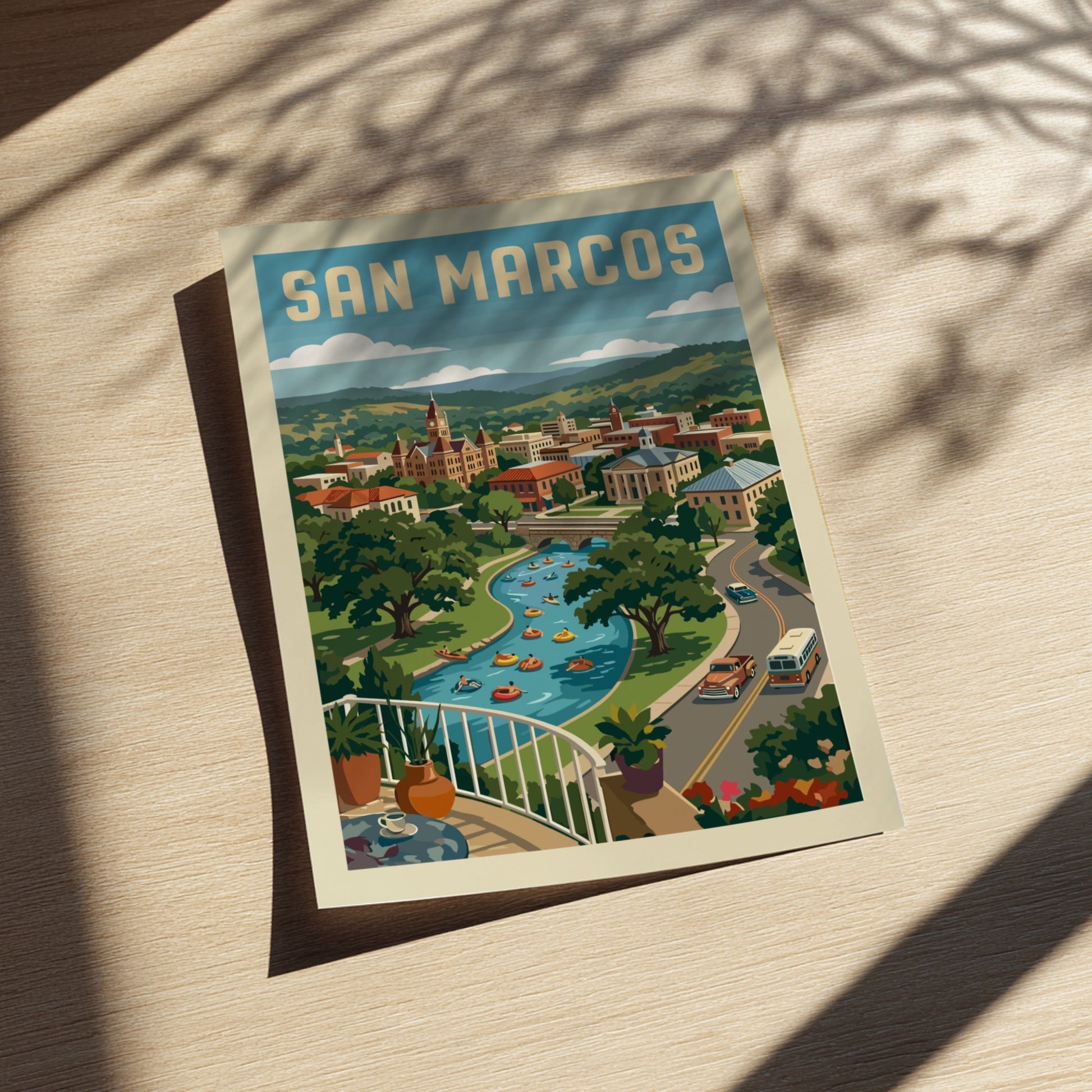 Vintage San Marcos cityscape poster with a river, people tubing, and rolling green hills.