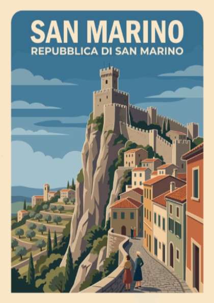 San Marino travel poster featuring a medieval fortress atop a steep rocky cliffside.