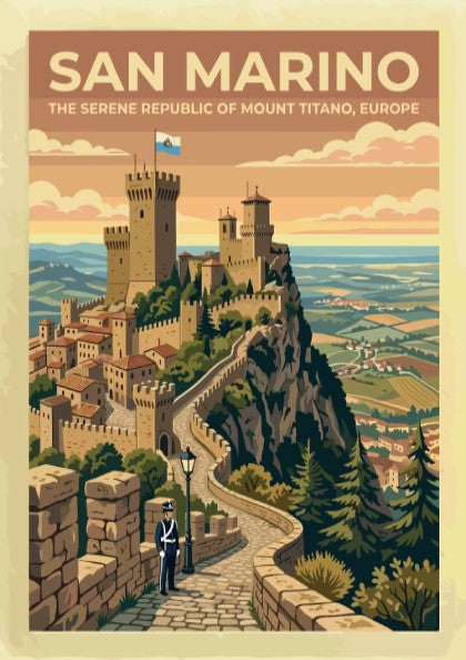 Travel poster of San Marino featuring stone towers on Mount Titano with guard.