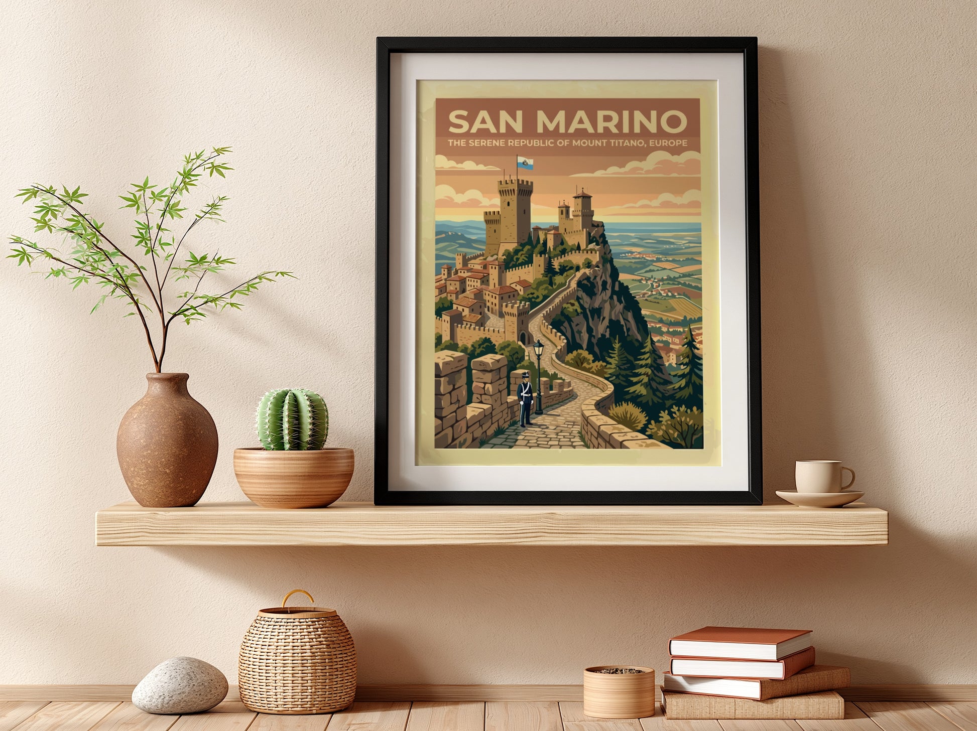 Travel poster of San Marino featuring stone towers on Mount Titano with guard.