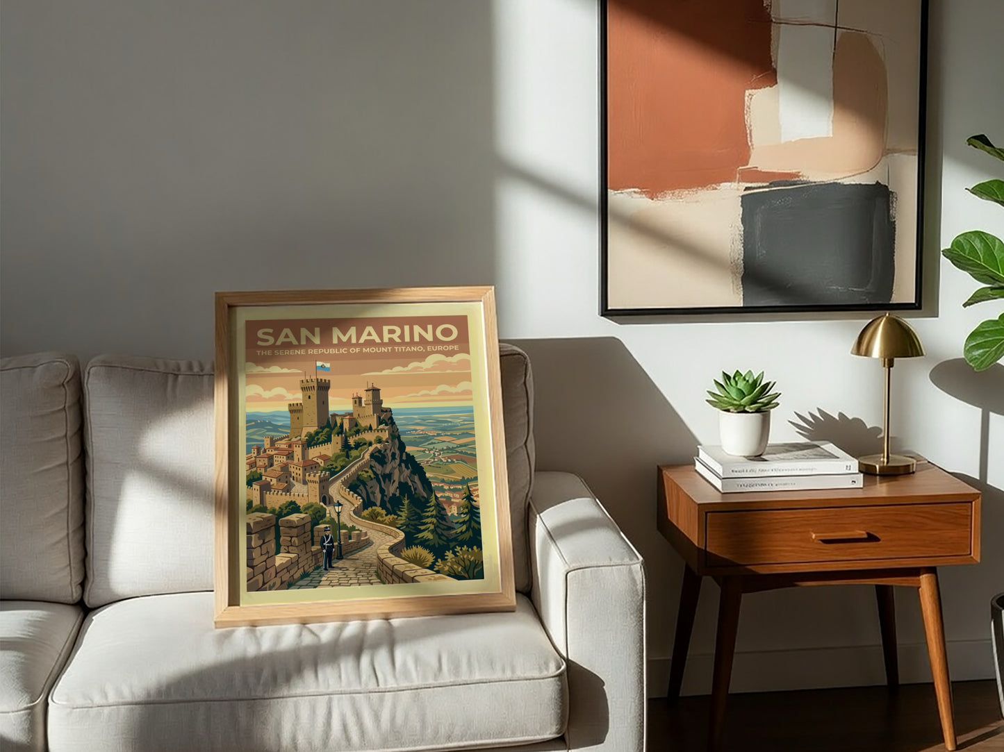 Travel poster of San Marino featuring stone towers on Mount Titano with guard.