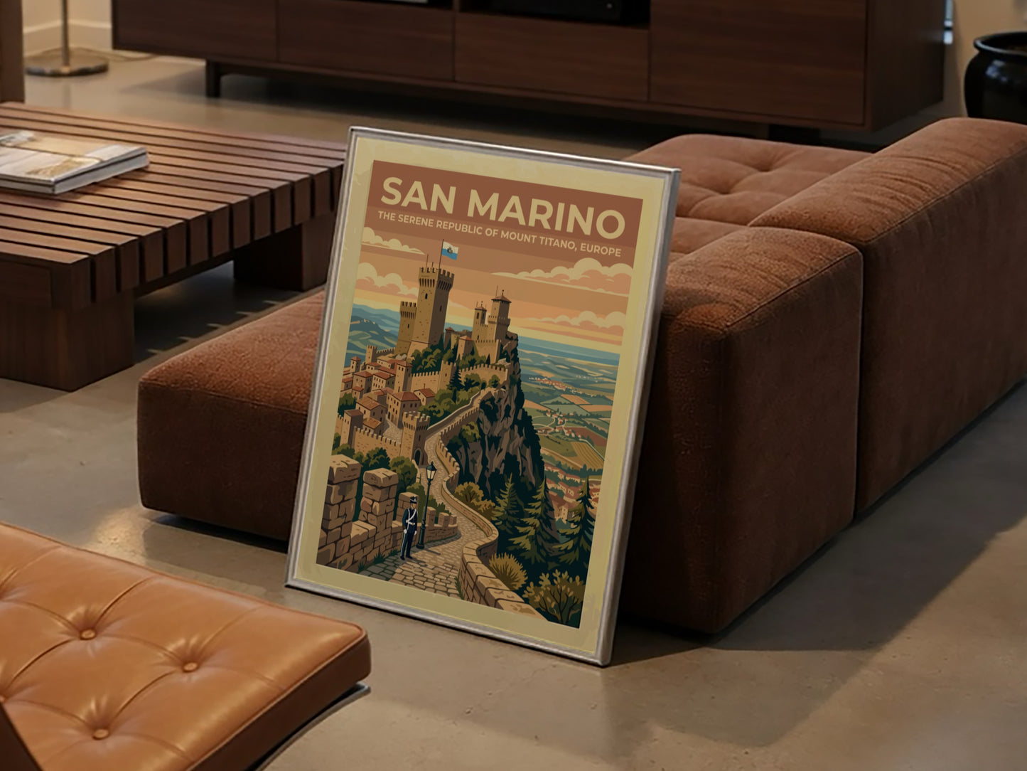 Travel poster of San Marino featuring stone towers on Mount Titano with guard.