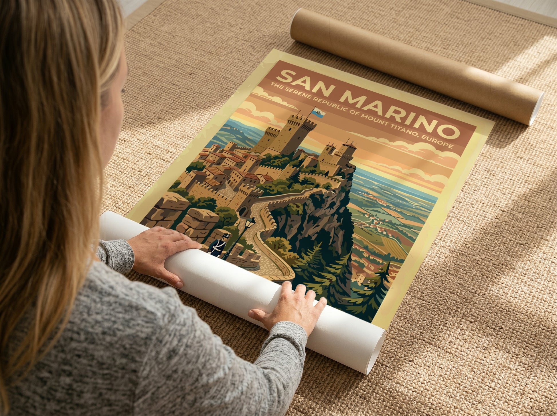 Travel poster of San Marino featuring stone towers on Mount Titano with guard.