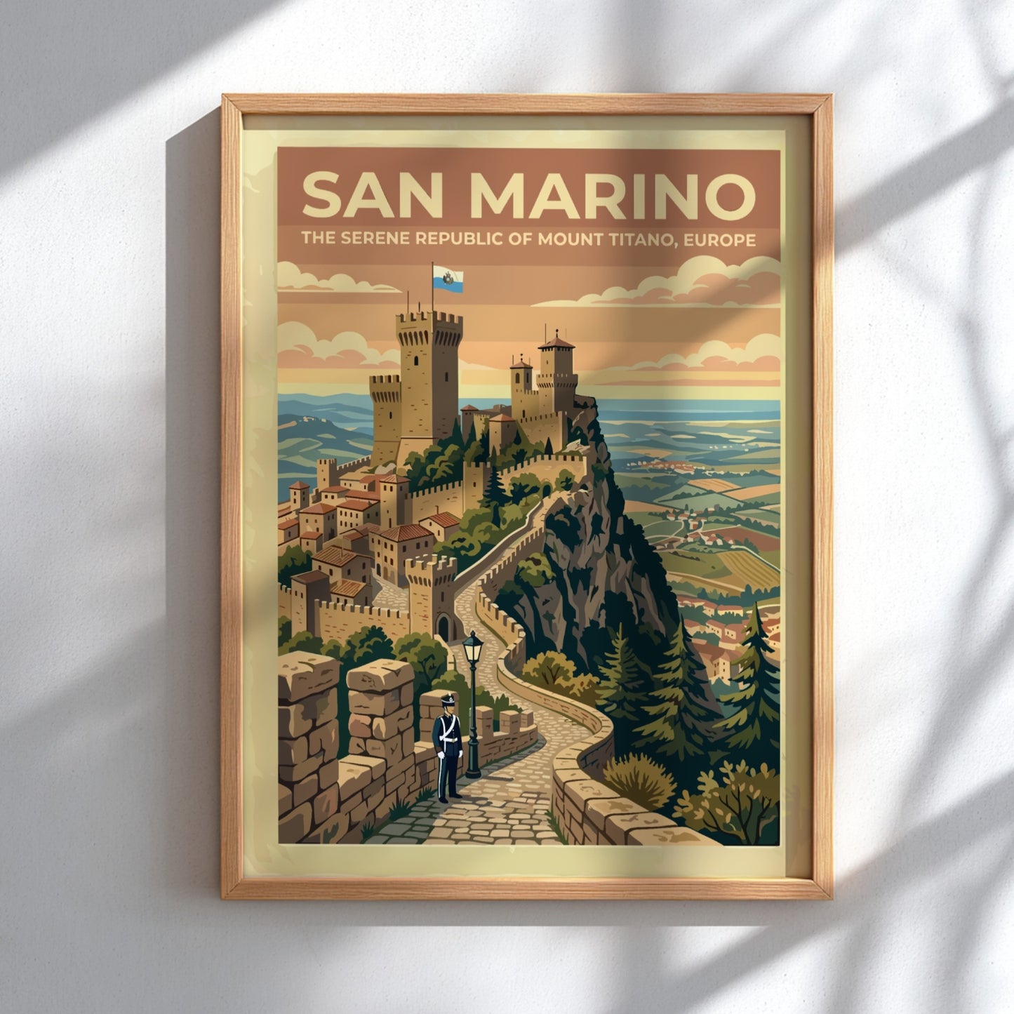 Travel poster of San Marino featuring stone towers on Mount Titano with guard.