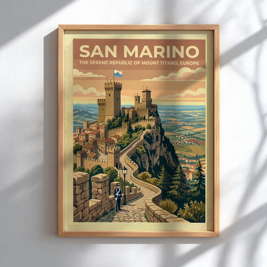 Travel poster of San Marino featuring stone towers on Mount Titano with guard.