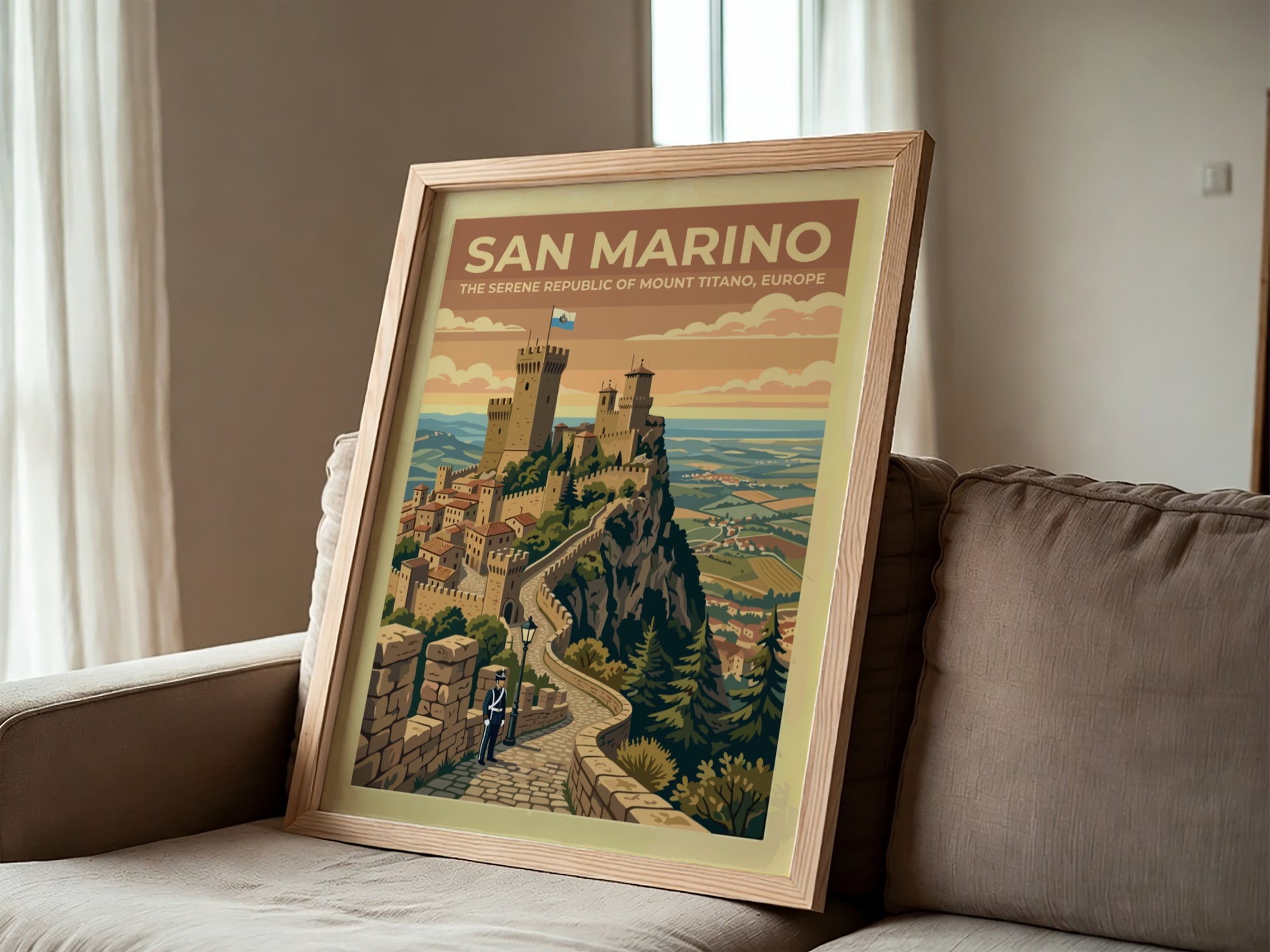Travel poster of San Marino featuring stone towers on Mount Titano with guard.