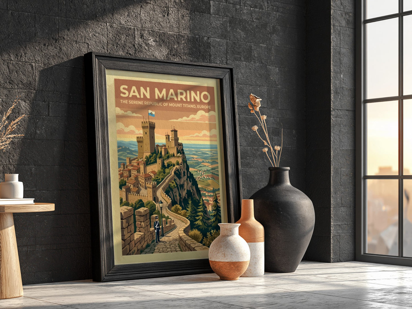 Travel poster of San Marino featuring stone towers on Mount Titano with guard.