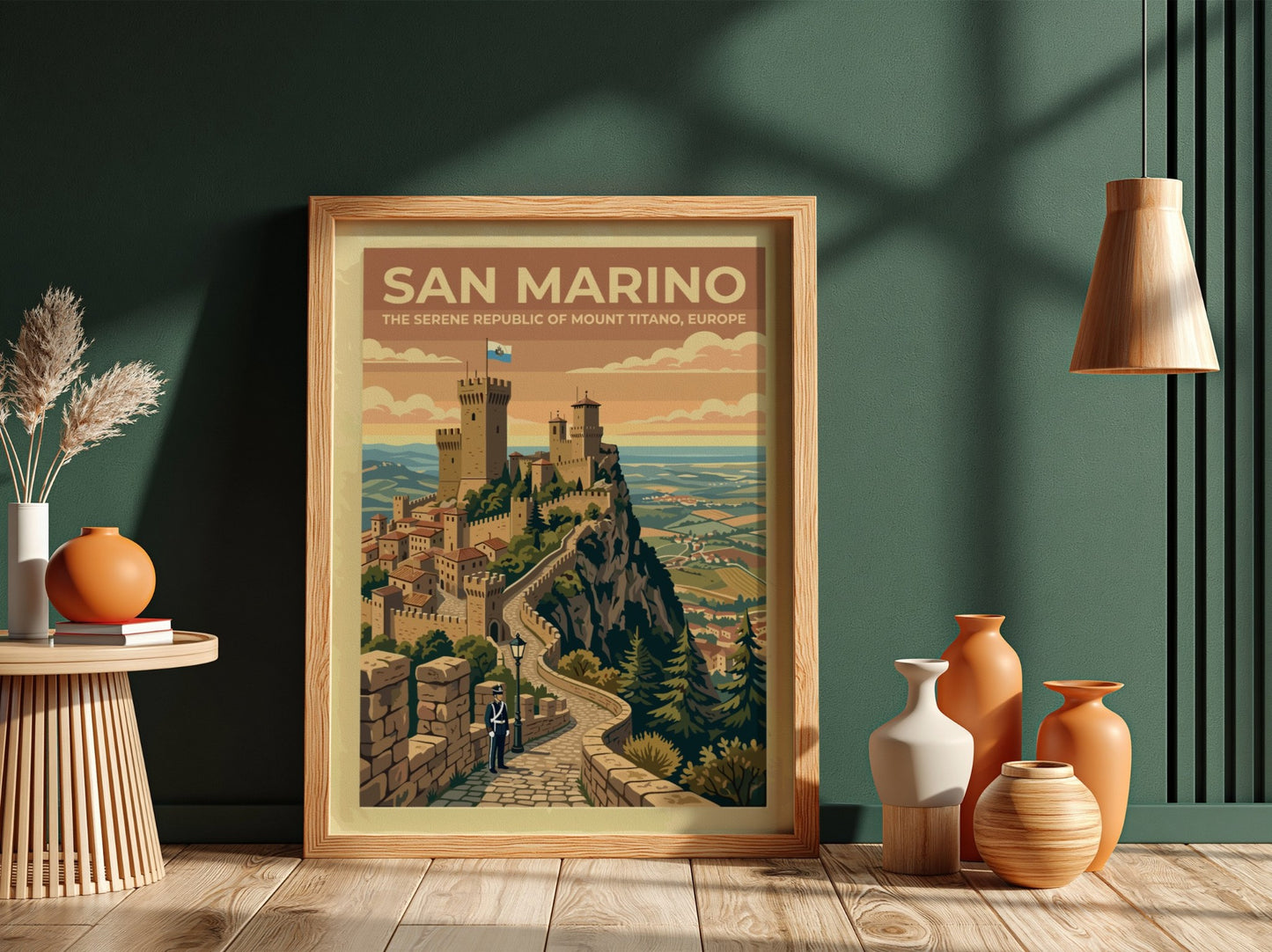 Travel poster of San Marino featuring stone towers on Mount Titano with guard.