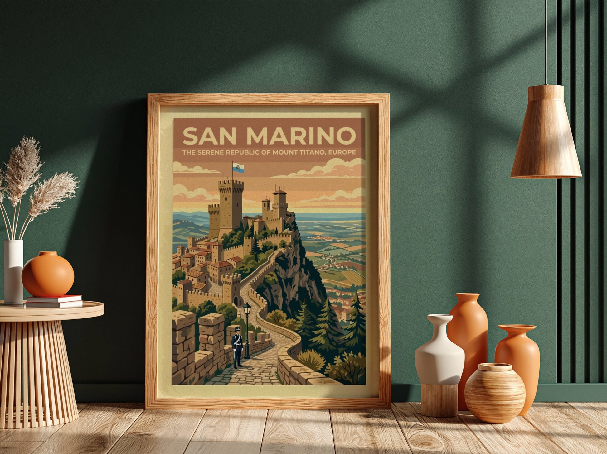 Travel poster of San Marino featuring stone towers on Mount Titano with guard.