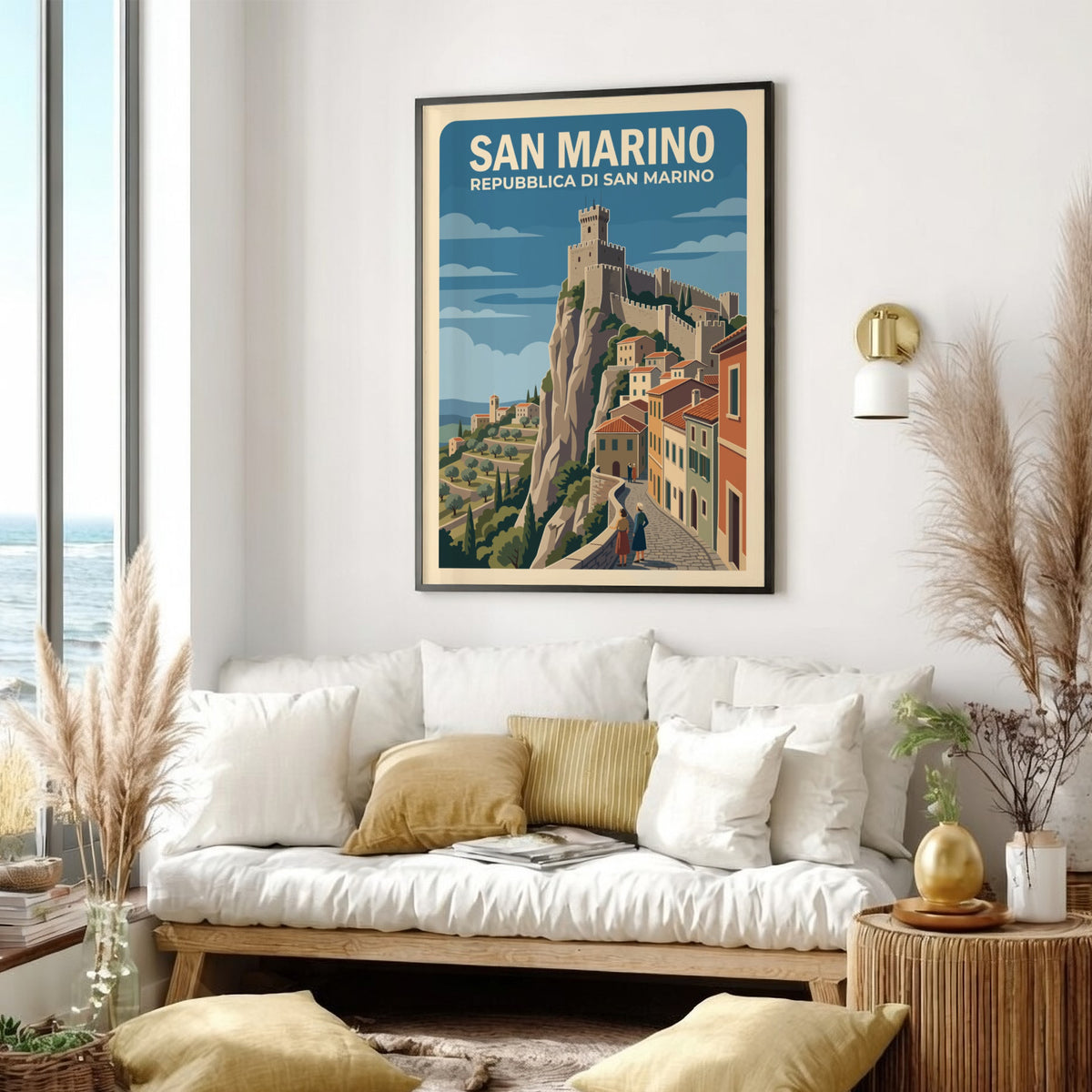 San Marino travel poster featuring a medieval fortress atop a steep rocky cliffside.