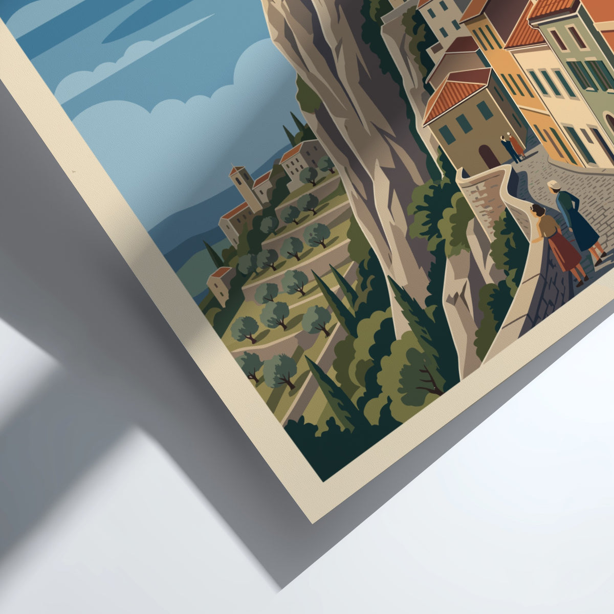 San Marino travel poster featuring a medieval fortress atop a steep rocky cliffside.