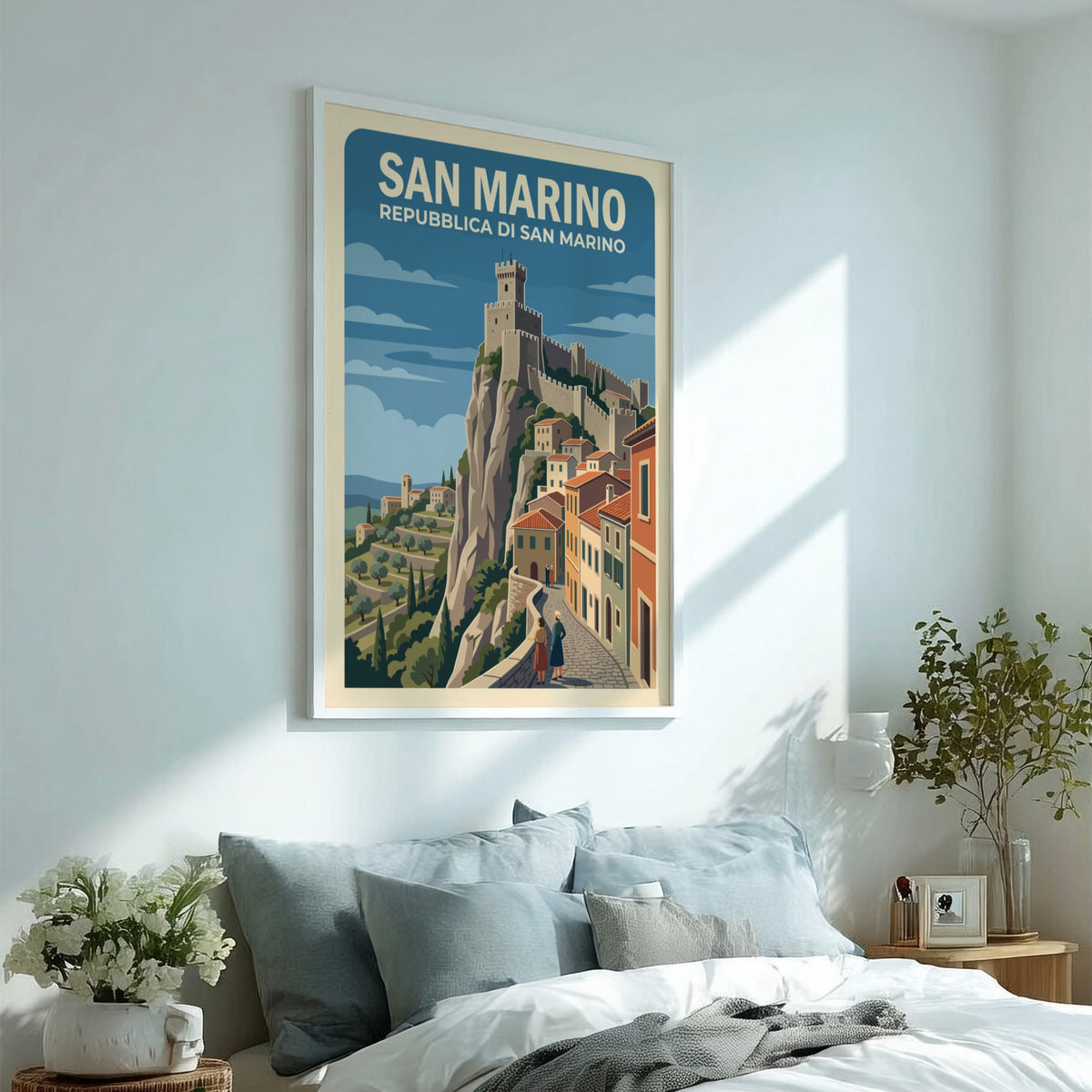 San Marino travel poster featuring a medieval fortress atop a steep rocky cliffside.