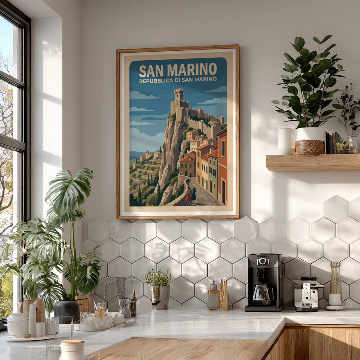 San Marino travel poster featuring a medieval fortress atop a steep rocky cliffside.
