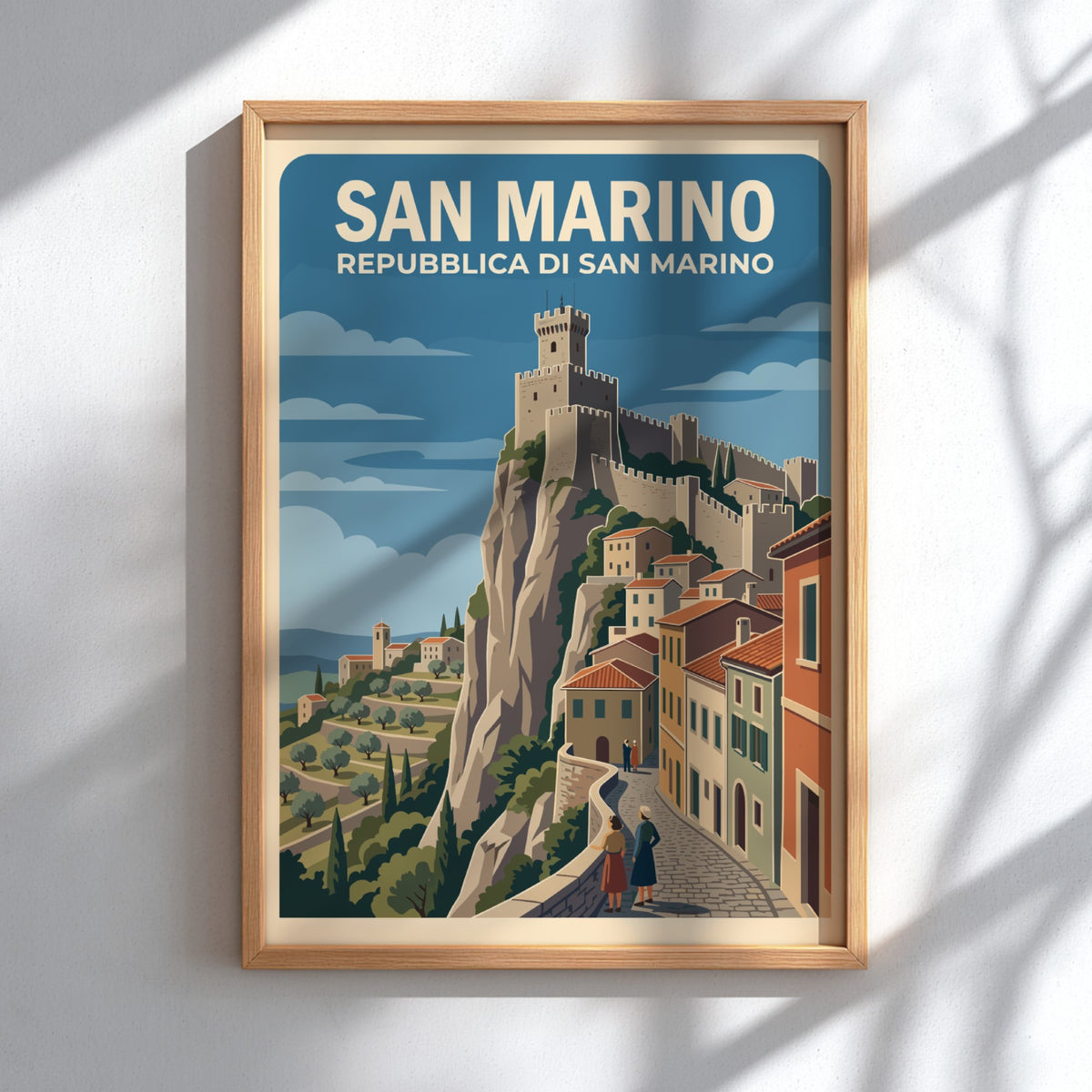 San Marino travel poster featuring a medieval fortress atop a steep rocky cliffside.