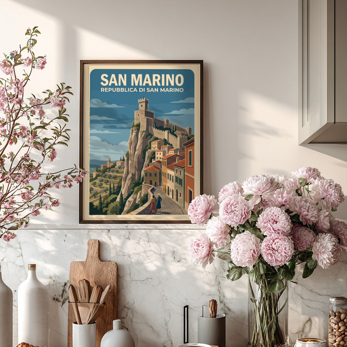 San Marino travel poster featuring a medieval fortress atop a steep rocky cliffside.