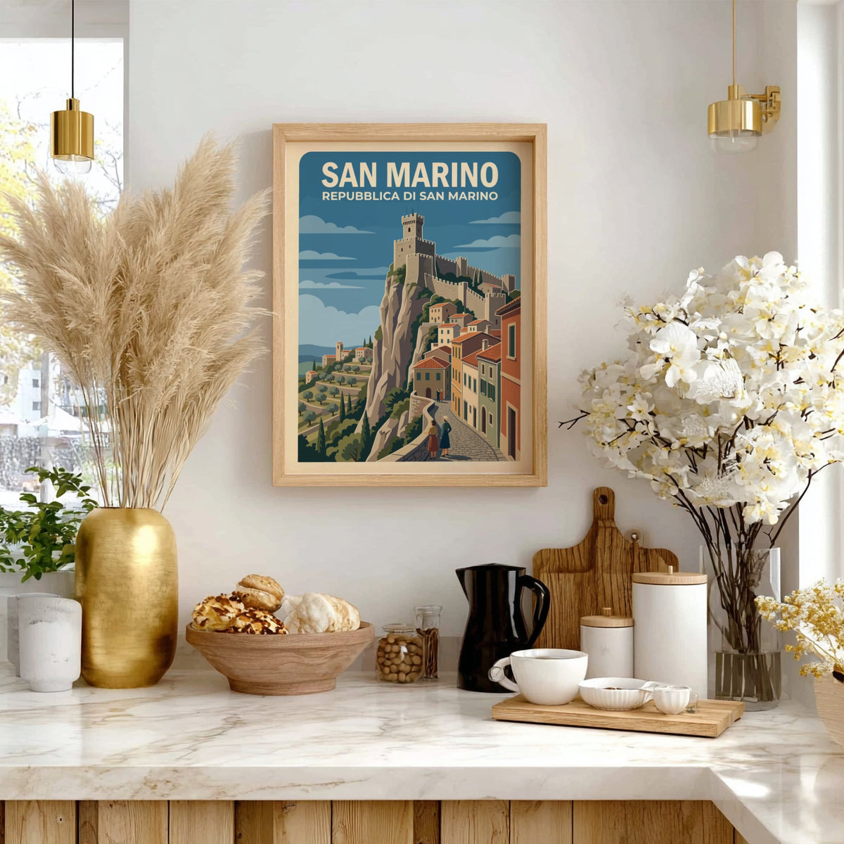 San Marino travel poster featuring a medieval fortress atop a steep rocky cliffside.