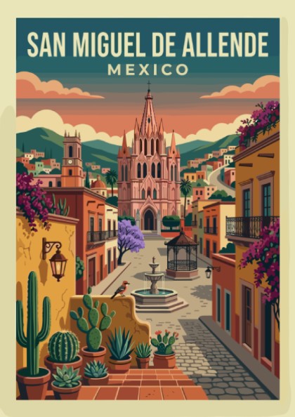 San Miguel de Allende travel poster with colonial architecture, vibrant colors, and cacti.