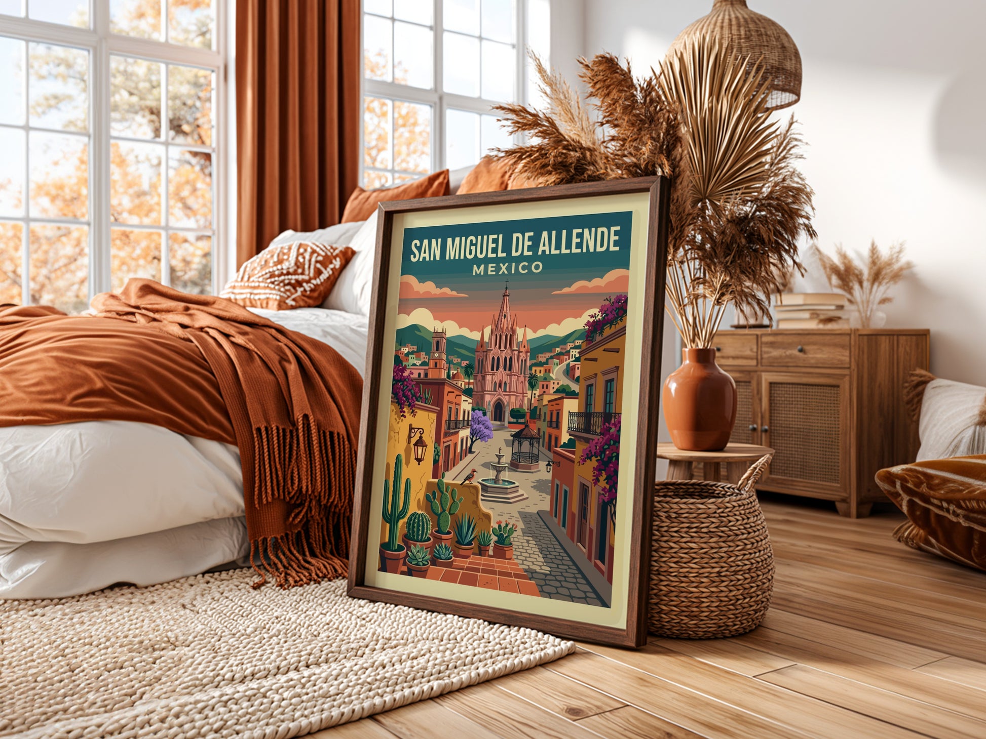 San Miguel de Allende travel poster with colonial architecture, vibrant colors, and cacti.